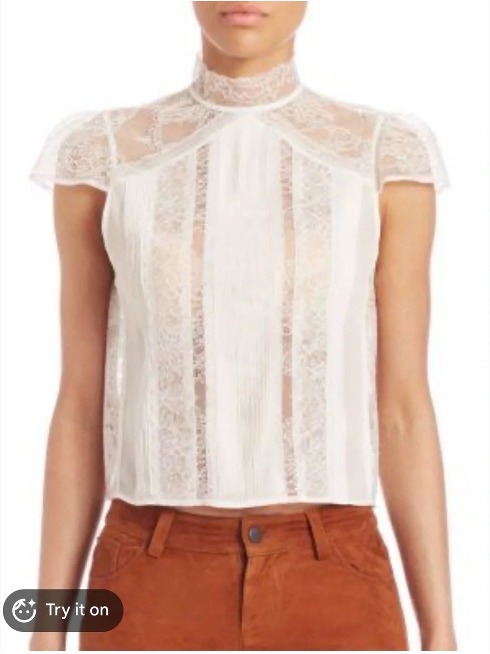 Alice + Olivia White Lace High-Neck Cap Sleeve Top